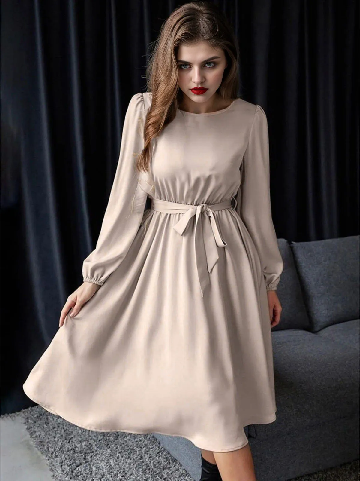 1940s Solid Lace-Up Long Sleeve Dress