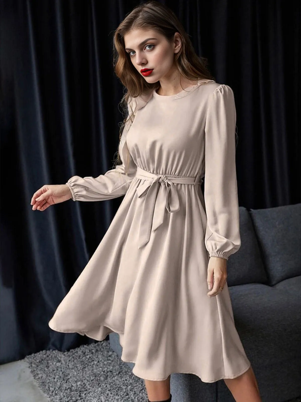 1940s Solid Lace-Up Long Sleeve Dress