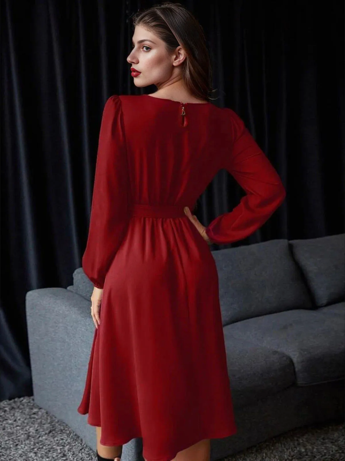 1940s Solid Lace-Up Long Sleeve Dress