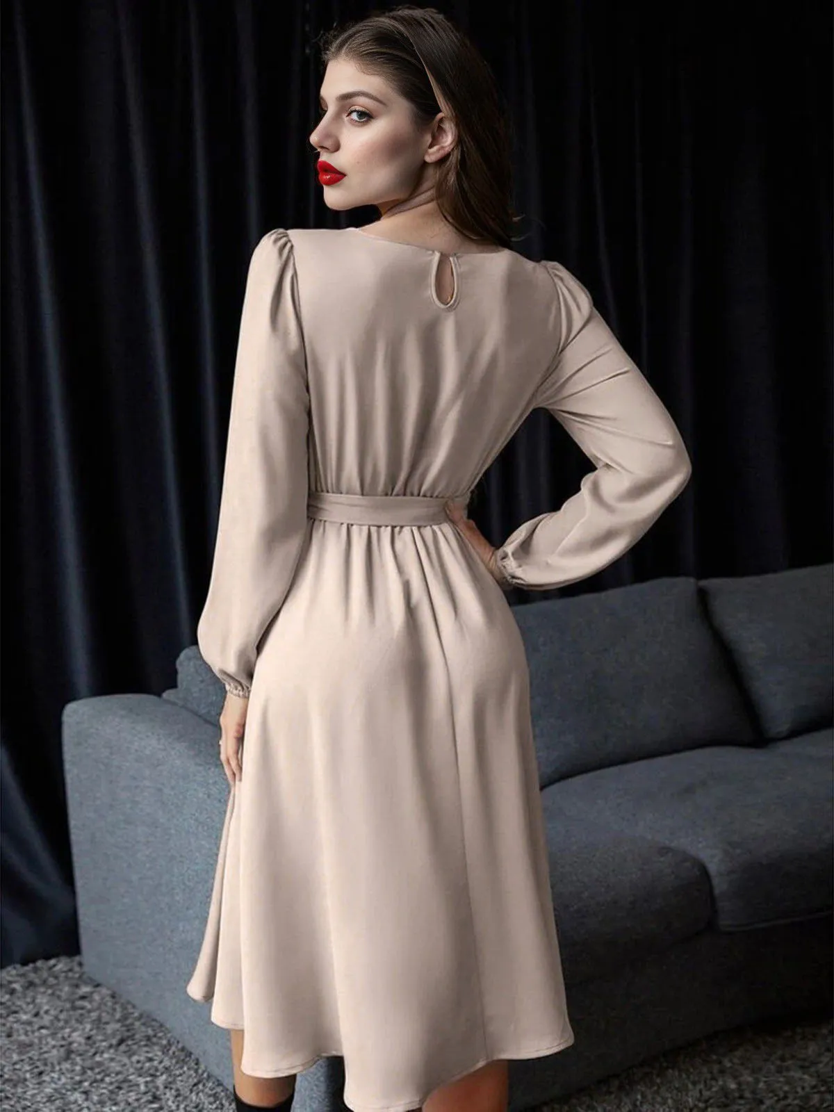 1940s Solid Lace-Up Long Sleeve Dress