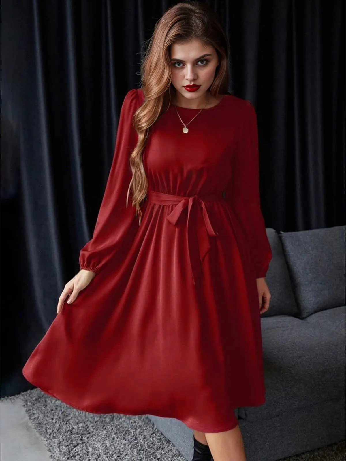 1940s Solid Lace-Up Long Sleeve Dress