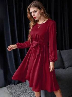 1940s Solid Lace-Up Long Sleeve Dress