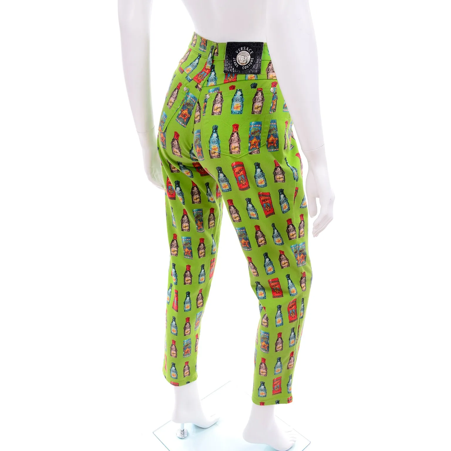 1990s Versace Jeans Couture Apple Green Bottle Print High Waist Pants