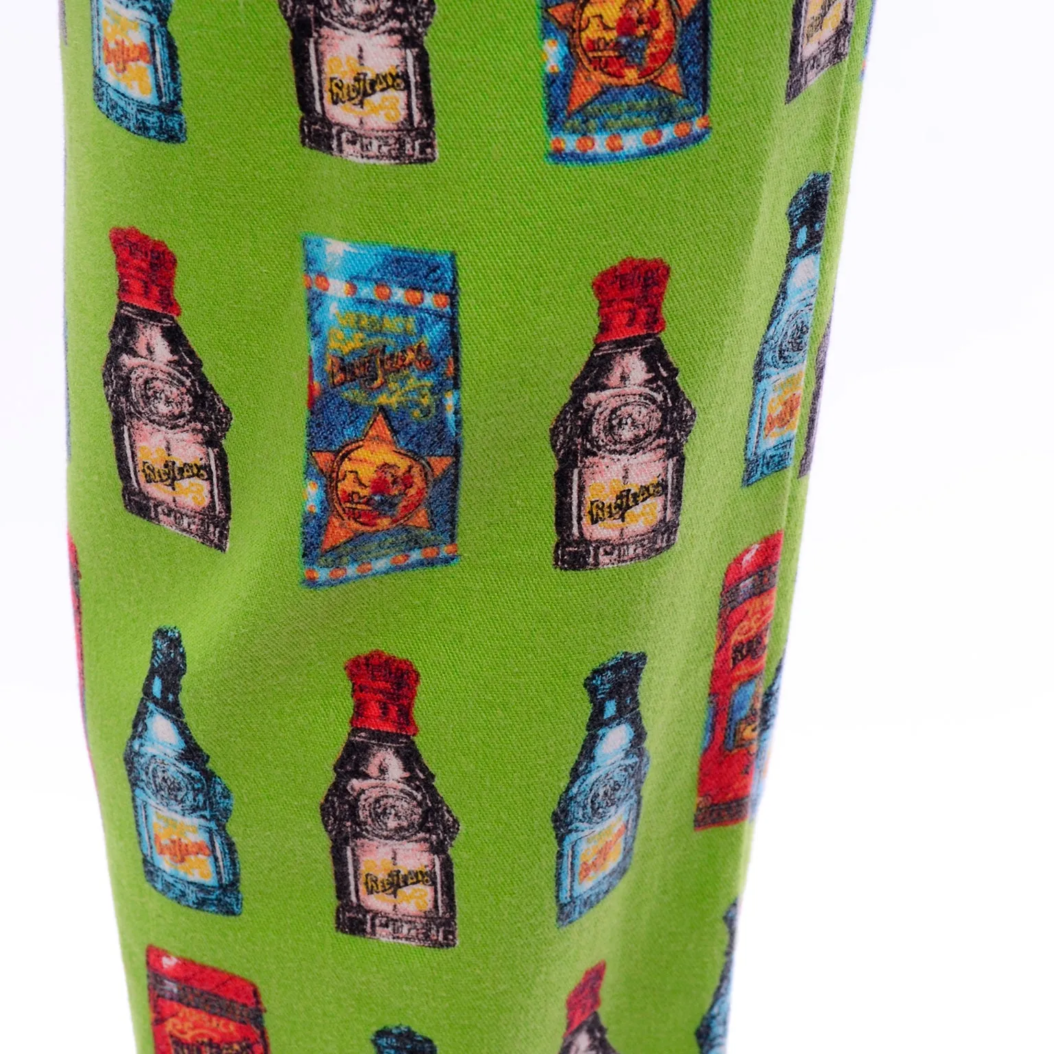 1990s Versace Jeans Couture Apple Green Bottle Print High Waist Pants