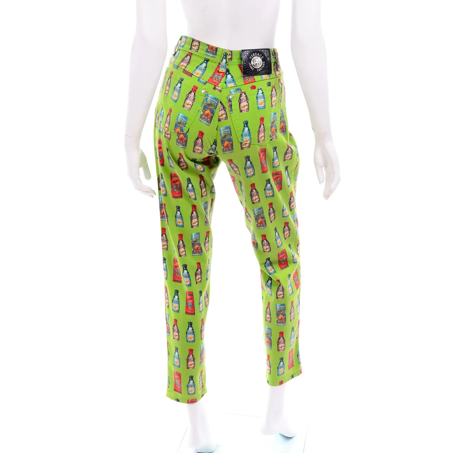 1990s Versace Jeans Couture Apple Green Bottle Print High Waist Pants