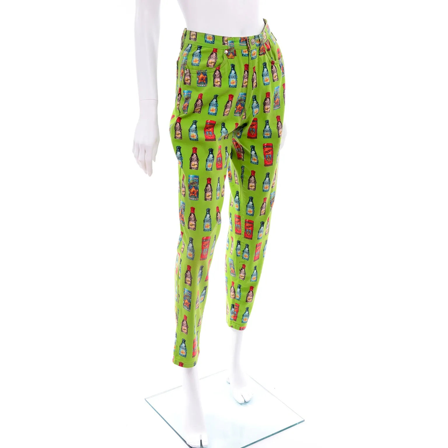 1990s Versace Jeans Couture Apple Green Bottle Print High Waist Pants