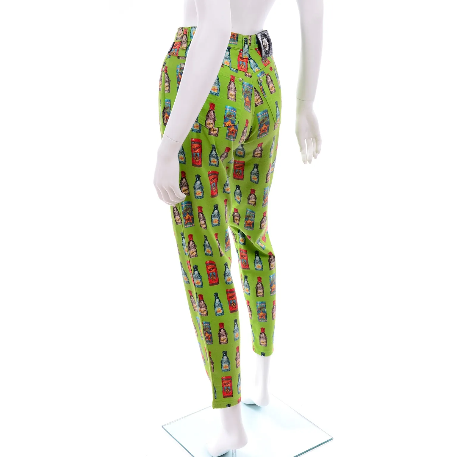 1990s Versace Jeans Couture Apple Green Bottle Print High Waist Pants