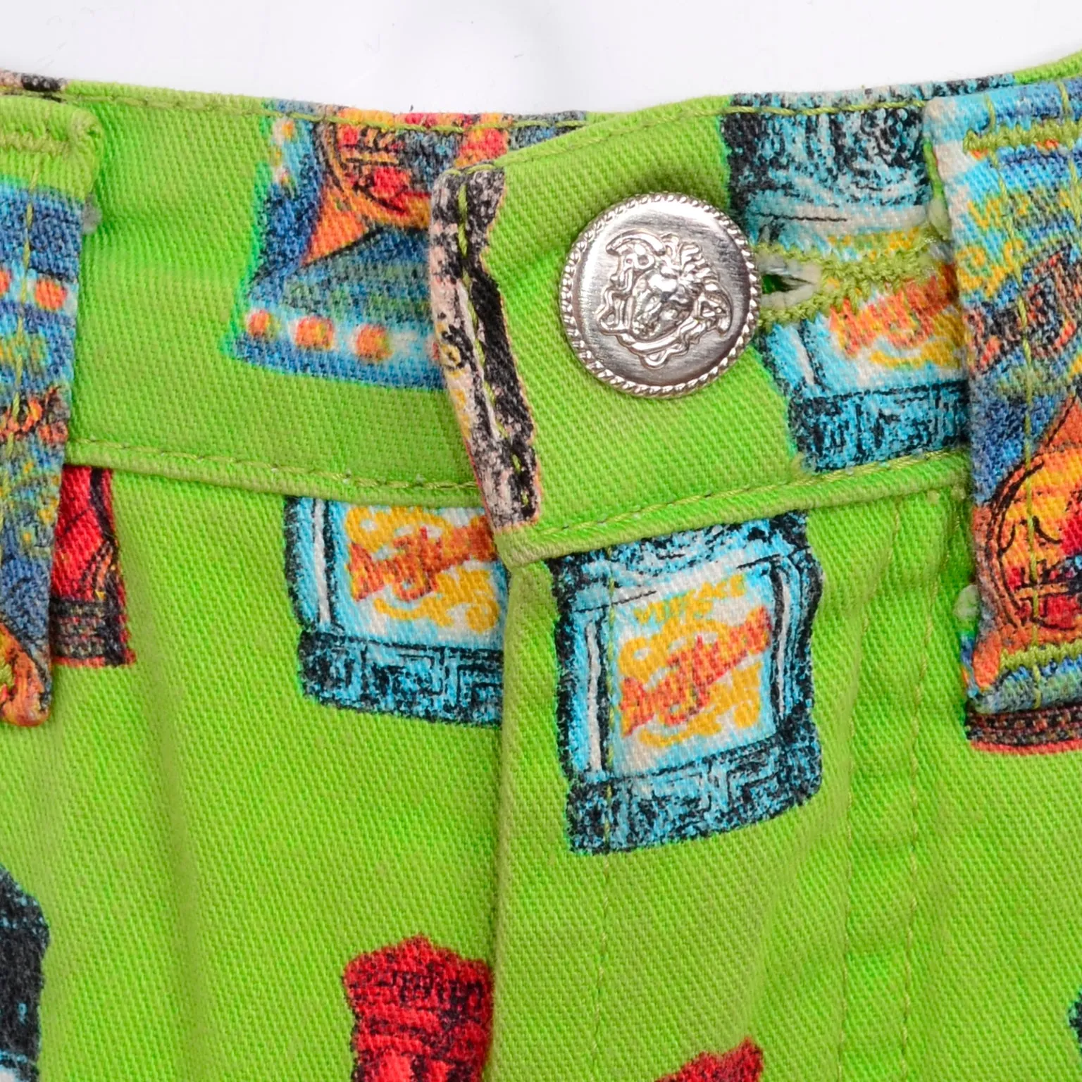 1990s Versace Jeans Couture Apple Green Bottle Print High Waist Pants