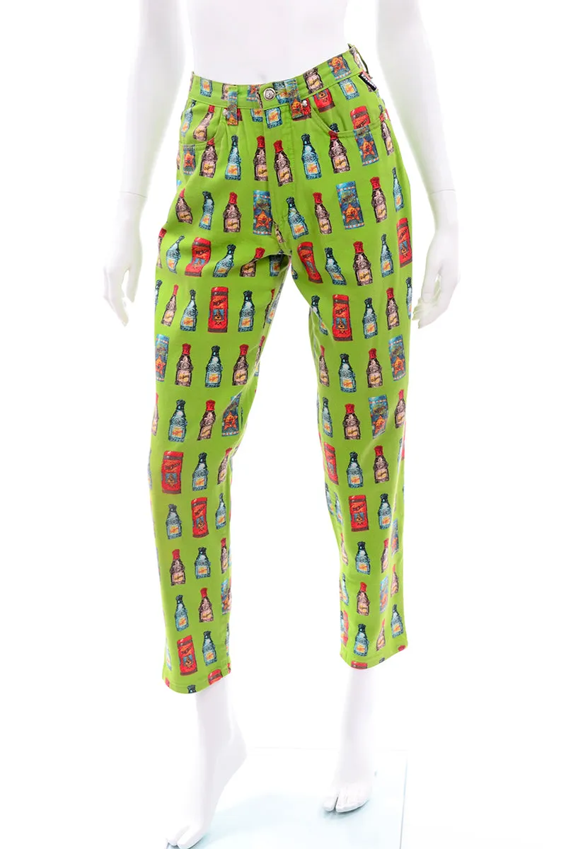 1990s Versace Jeans Couture Apple Green Bottle Print High Waist Pants