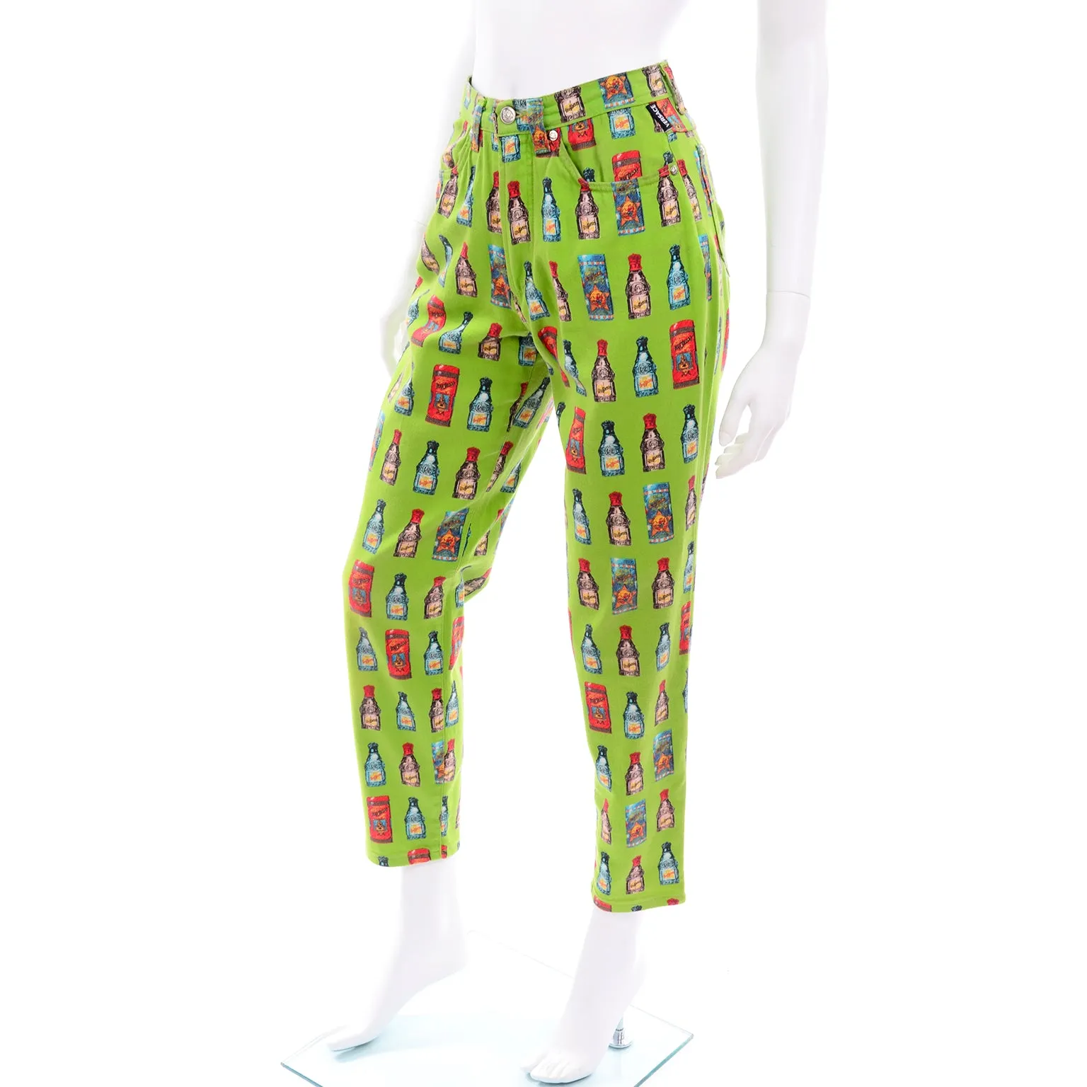 1990s Versace Jeans Couture Apple Green Bottle Print High Waist Pants