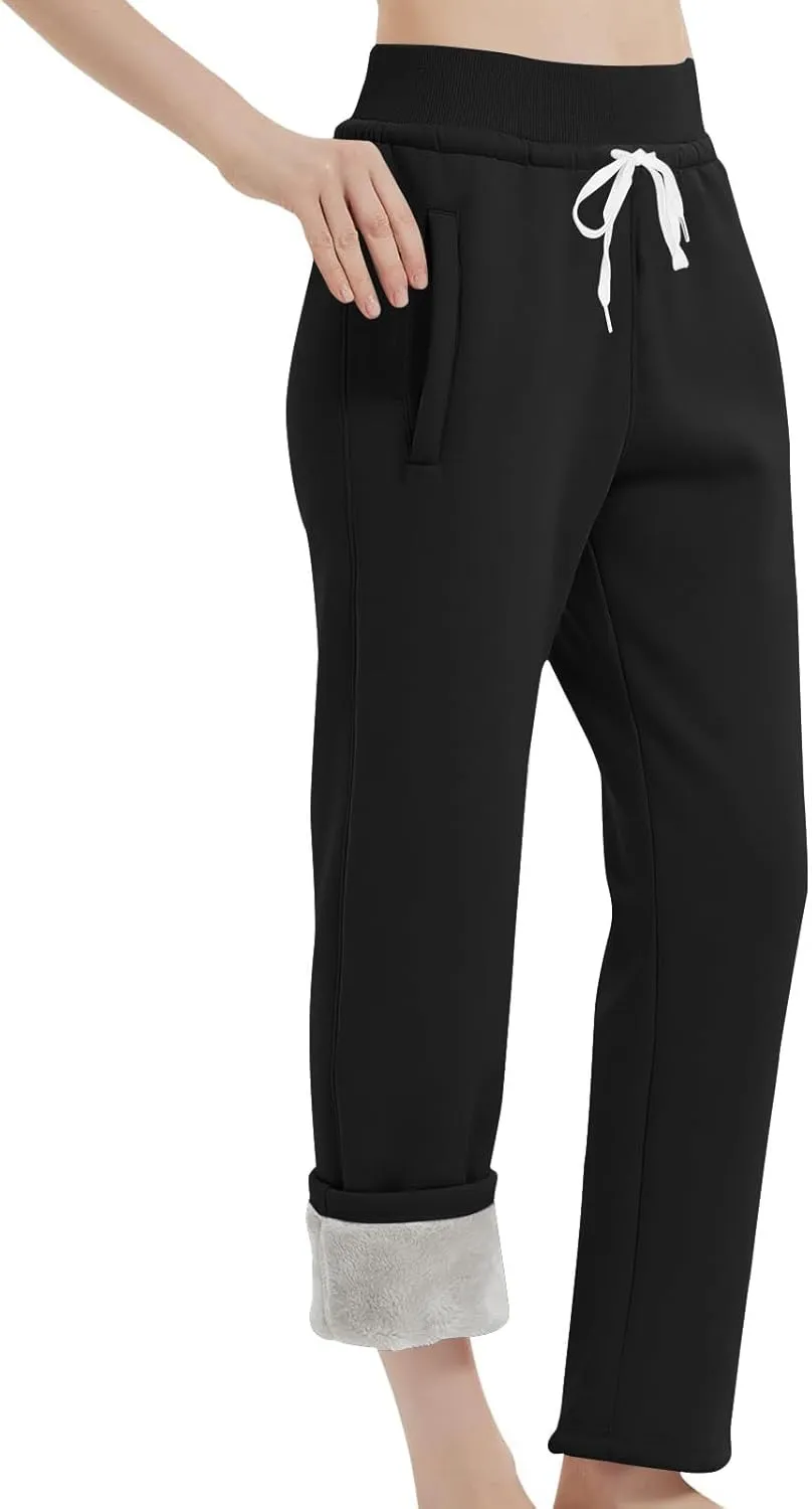 2024 Fleece Lined Warm Sweatpants for Women Solid Thermal Thick Lounge Trousers Drawstring High Waist Sports Joggers