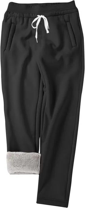 2024 Fleece Lined Warm Sweatpants for Women Solid Thermal Thick Lounge Trousers Drawstring High Waist Sports Joggers