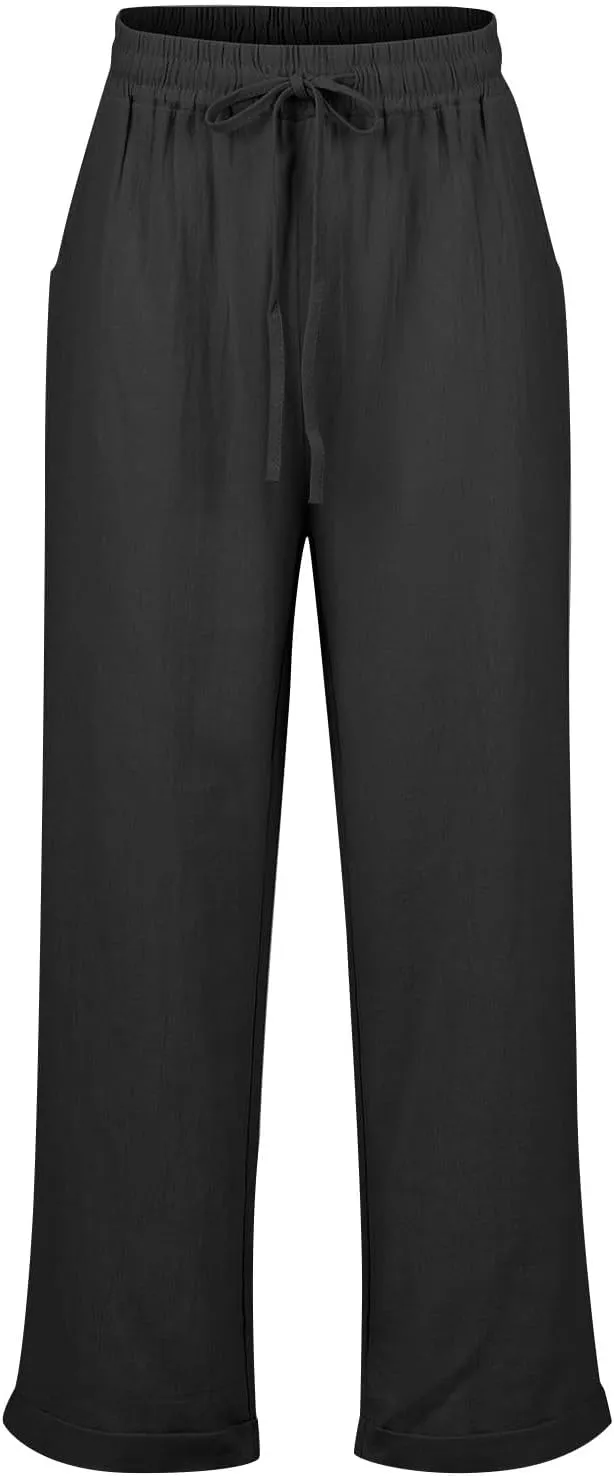2024 Linen Crop Pants for Women Casual Summer Drawstring High Waisted Joggers with Pockets Straight Leg Cropped Pants
