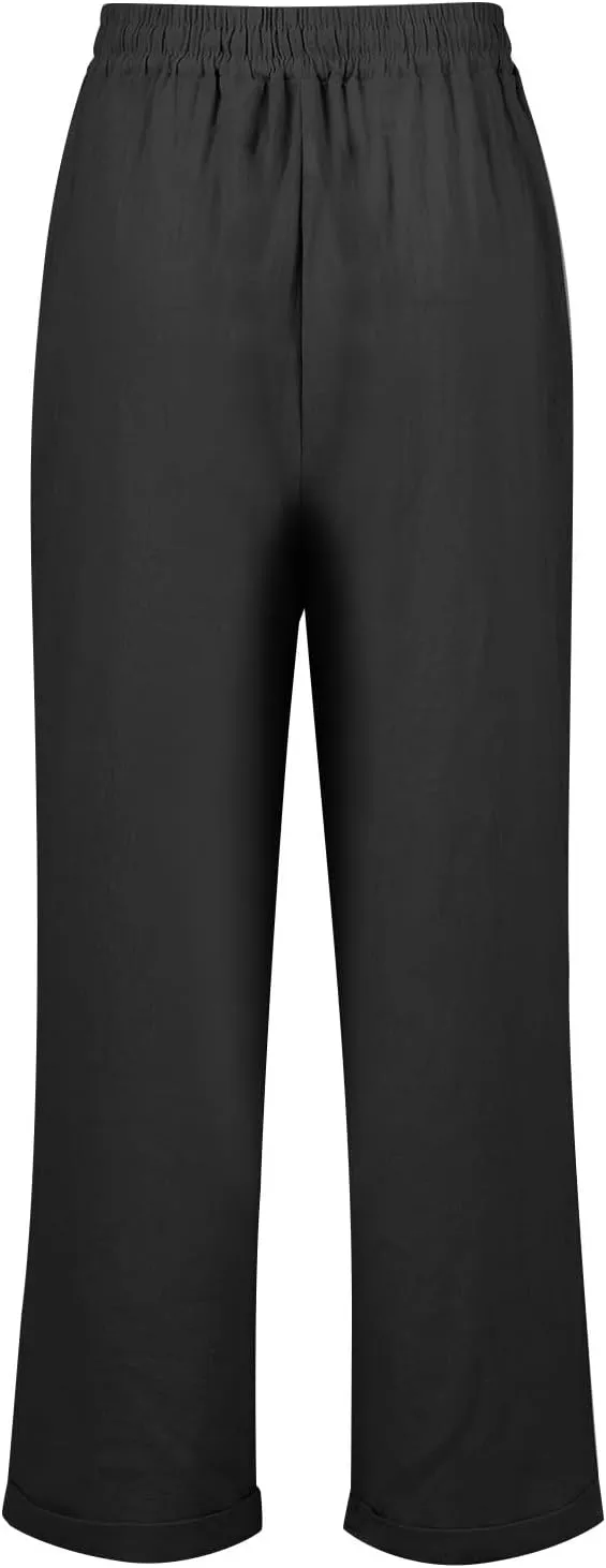 2024 Linen Crop Pants for Women Casual Summer Drawstring High Waisted Joggers with Pockets Straight Leg Cropped Pants