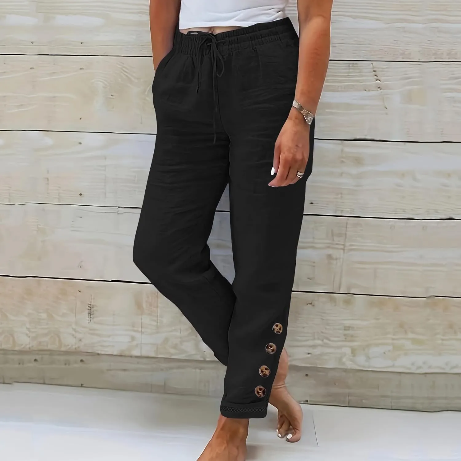 2024 Linen Crop Pants for Women Casual Summer Drawstring High Waisted Joggers with Pockets Straight Leg Cropped Pants