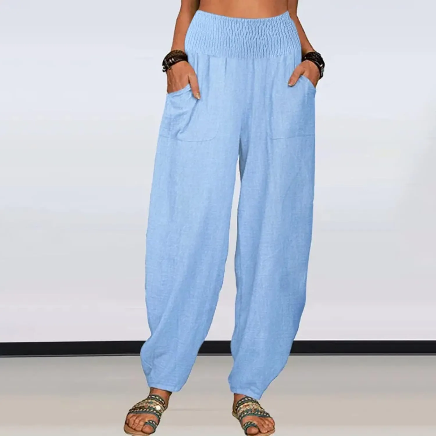 2024 Women Yoga Harem Pants Cotton Linen High Waist Elastic Ankle Pants Solid Casual Flowy Loose Sweatpants Trousers Pockets