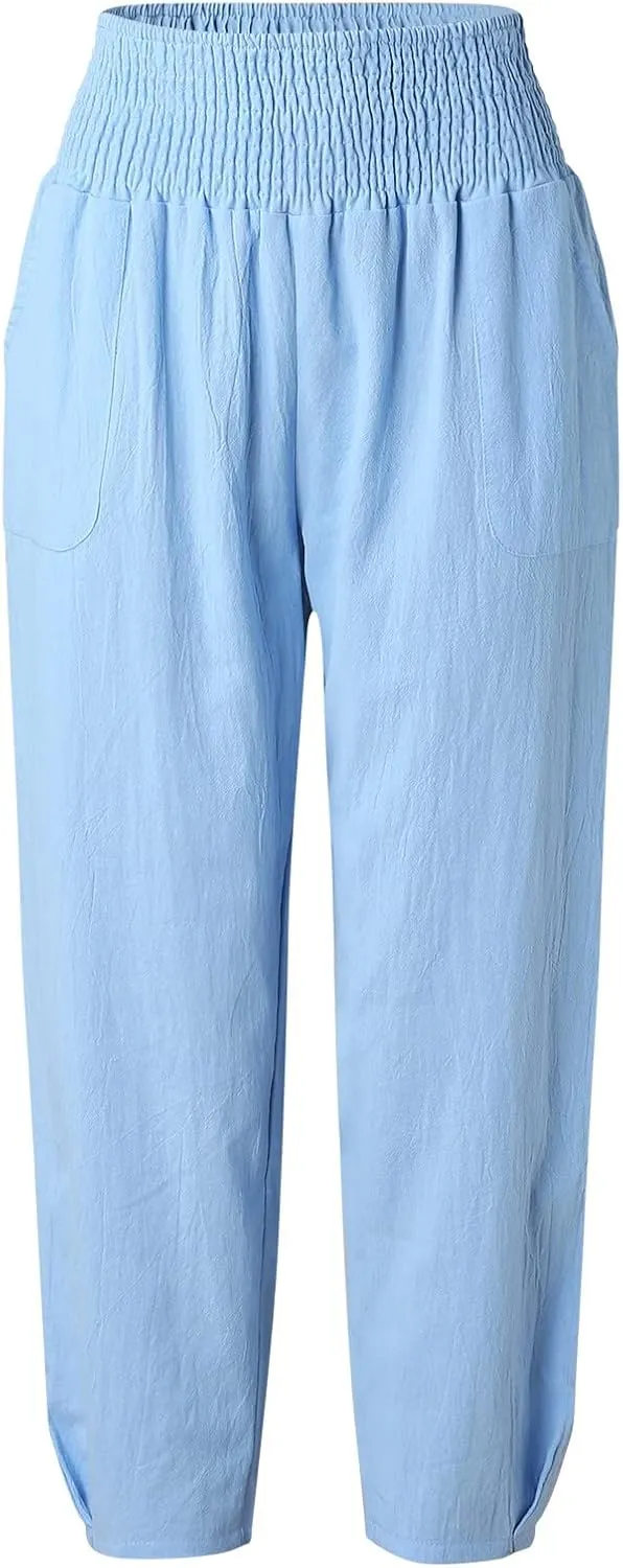 2024 Women Yoga Harem Pants Cotton Linen High Waist Elastic Ankle Pants Solid Casual Flowy Loose Sweatpants Trousers Pockets