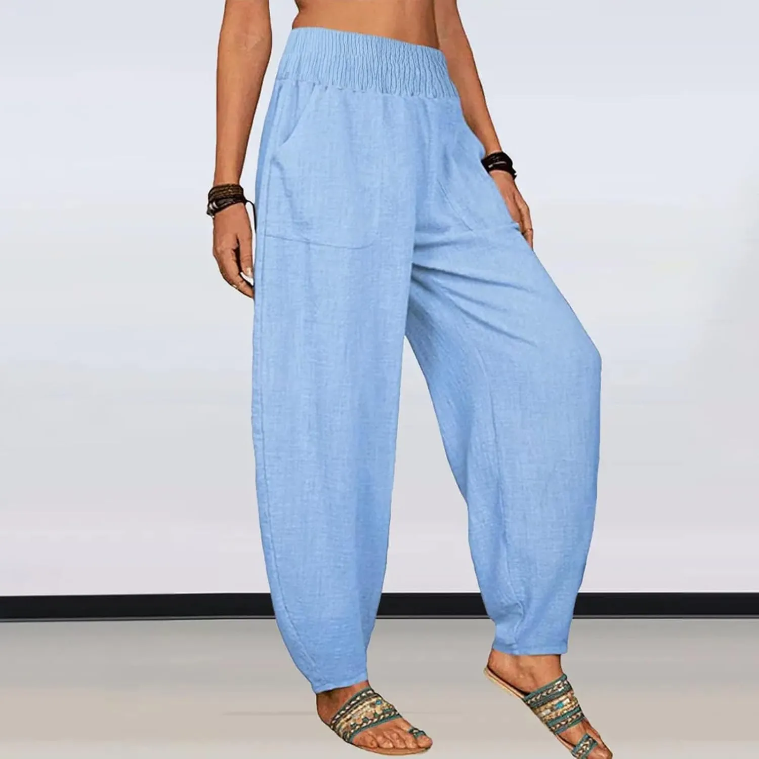 2024 Women Yoga Harem Pants Cotton Linen High Waist Elastic Ankle Pants Solid Casual Flowy Loose Sweatpants Trousers Pockets
