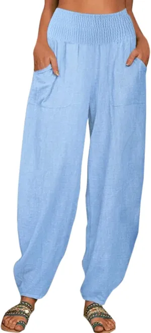 2024 Women Yoga Harem Pants Cotton Linen High Waist Elastic Ankle Pants Solid Casual Flowy Loose Sweatpants Trousers Pockets
