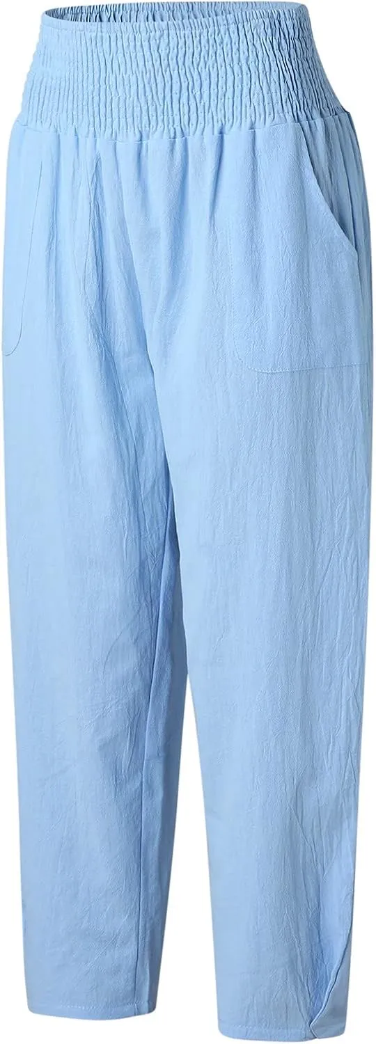 2024 Women Yoga Harem Pants Cotton Linen High Waist Elastic Ankle Pants Solid Casual Flowy Loose Sweatpants Trousers Pockets
