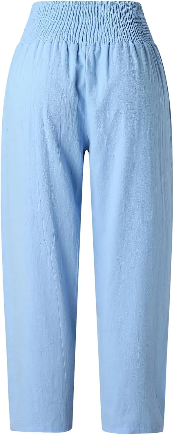2024 Women Yoga Harem Pants Cotton Linen High Waist Elastic Ankle Pants Solid Casual Flowy Loose Sweatpants Trousers Pockets