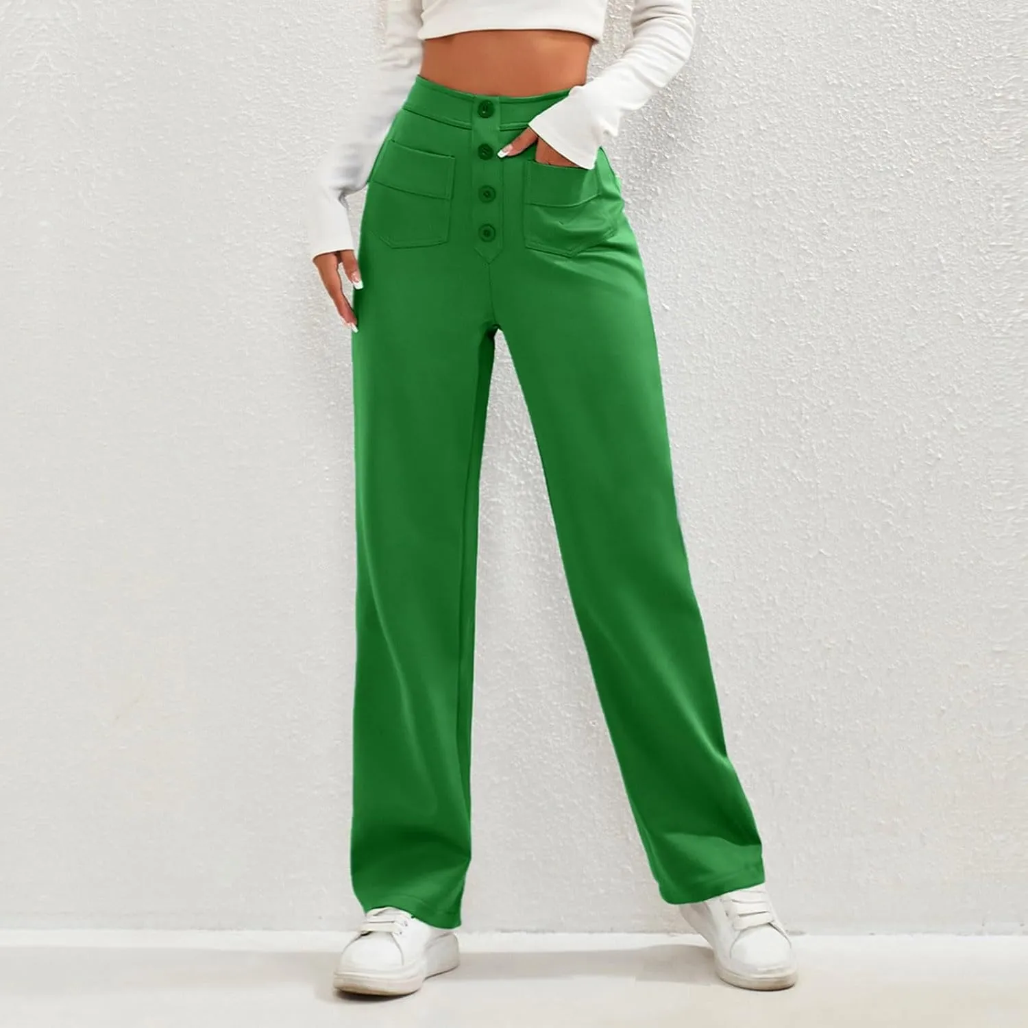 2024 Women's Casual Work Pants High Waisted Wide Leg Office Pants Stretchy Button Down Trousers with Multiple Pockets