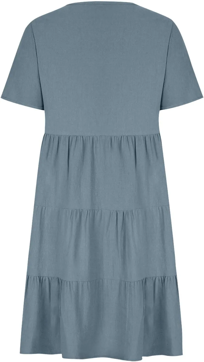 2025 Summer Dress for Women Cotton Linen Casual V Neck Short Sleeve Tiered Dress Swing Midi Dress A-Line Dresses