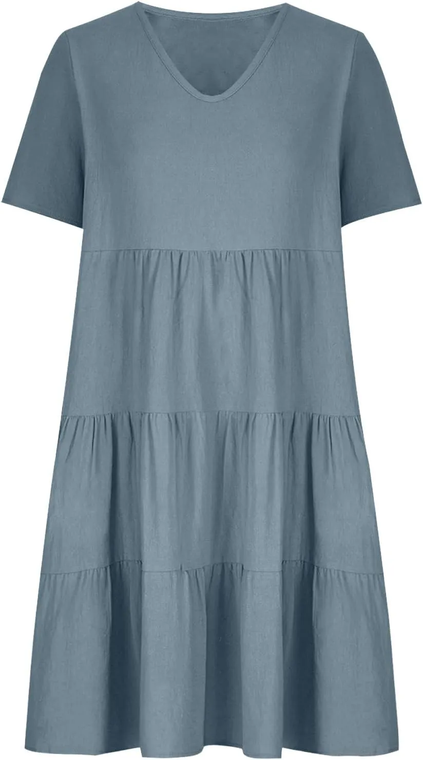 2025 Summer Dress for Women Cotton Linen Casual V Neck Short Sleeve Tiered Dress Swing Midi Dress A-Line Dresses