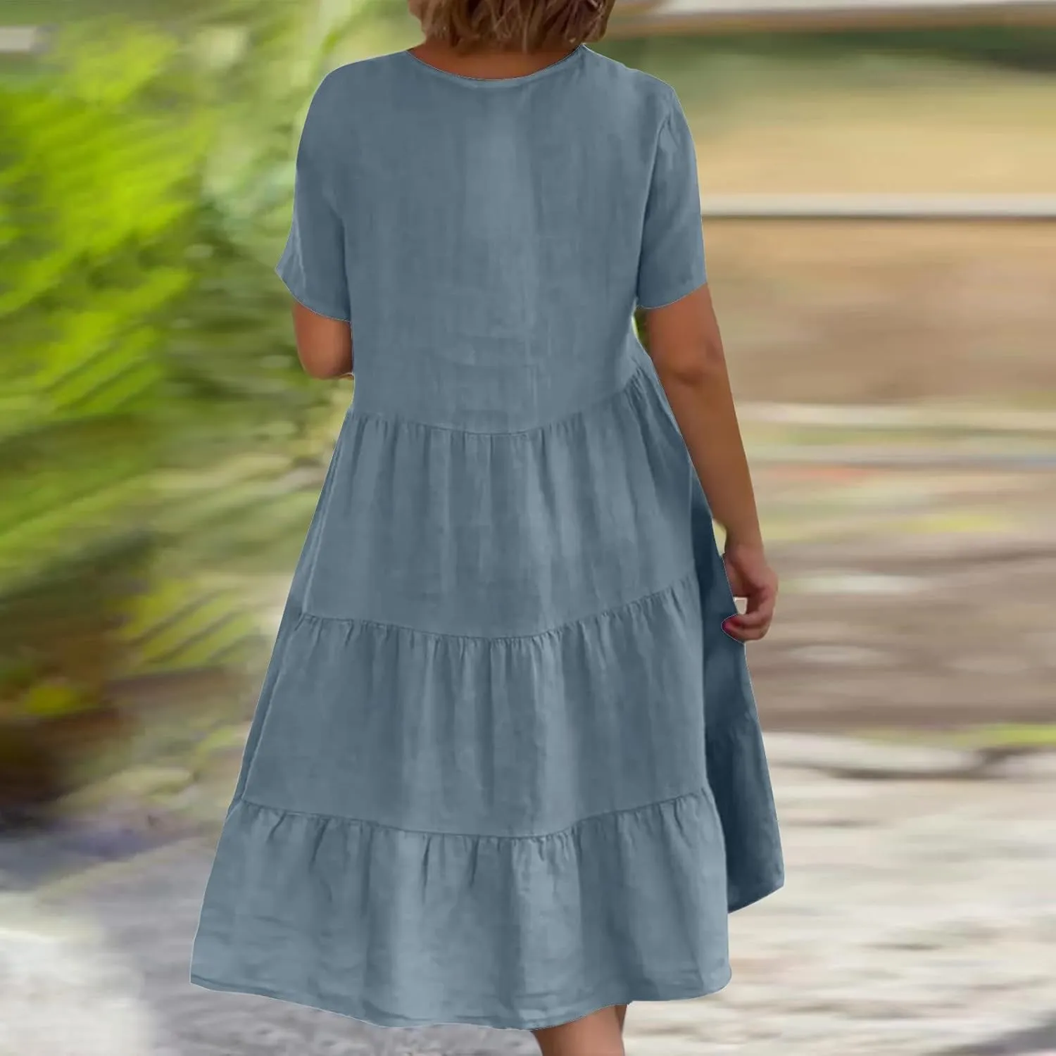 2025 Summer Dress for Women Cotton Linen Casual V Neck Short Sleeve Tiered Dress Swing Midi Dress A-Line Dresses