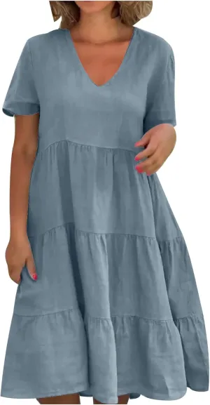 2025 Summer Dress for Women Cotton Linen Casual V Neck Short Sleeve Tiered Dress Swing Midi Dress A-Line Dresses