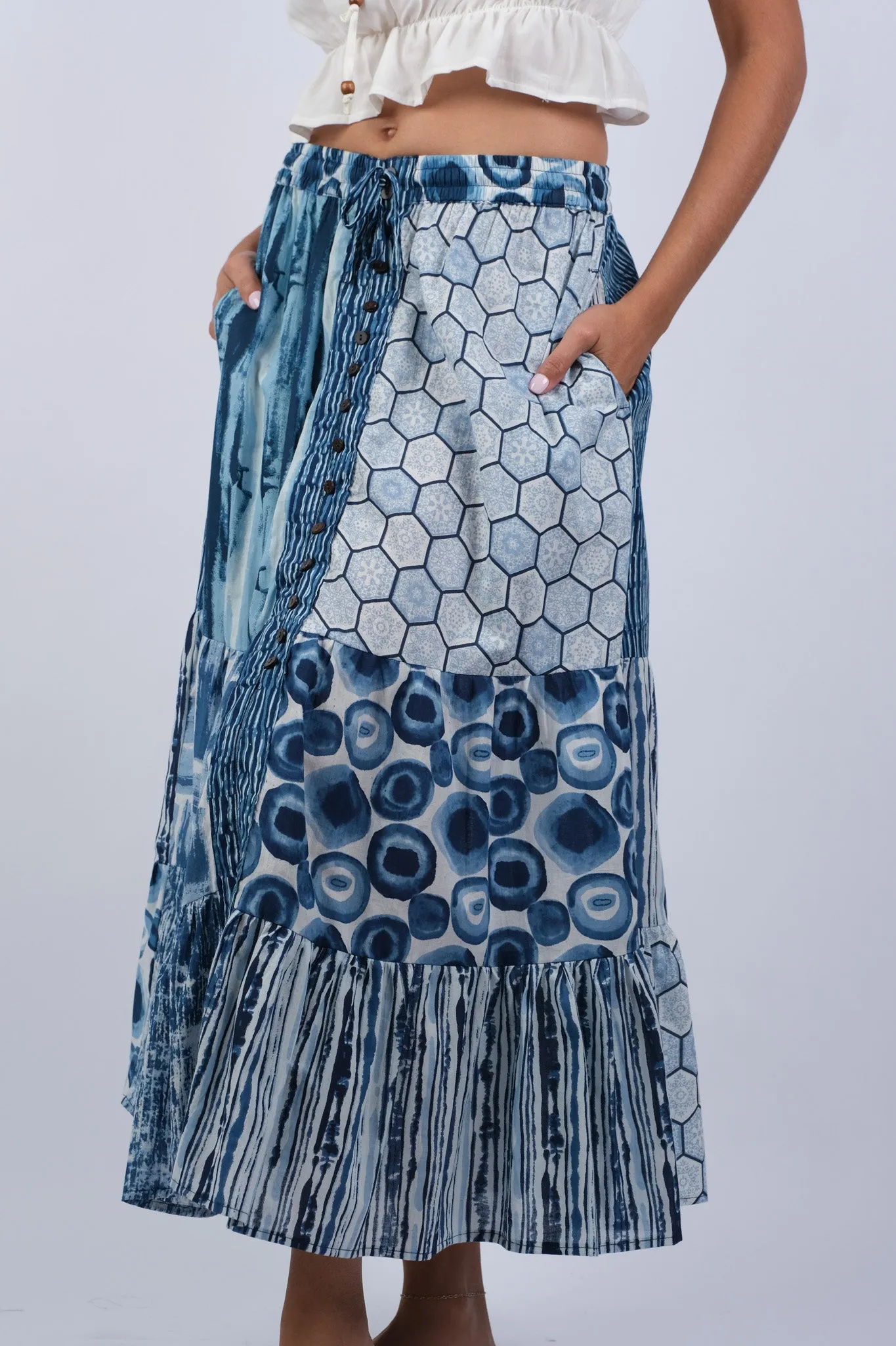 225269 Boho Saphire Ocean Patchwork Button Skirt