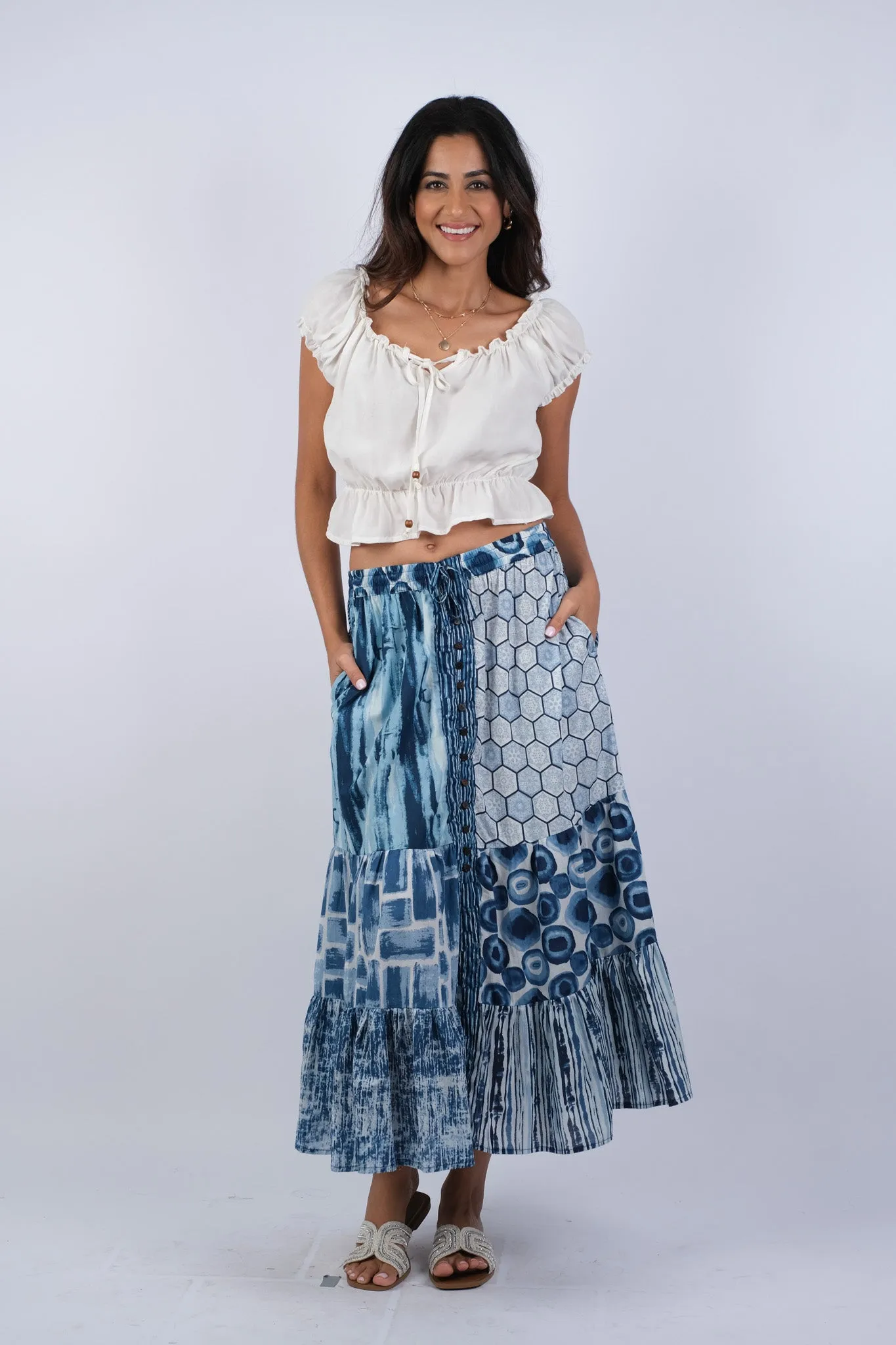 225269 Boho Saphire Ocean Patchwork Button Skirt