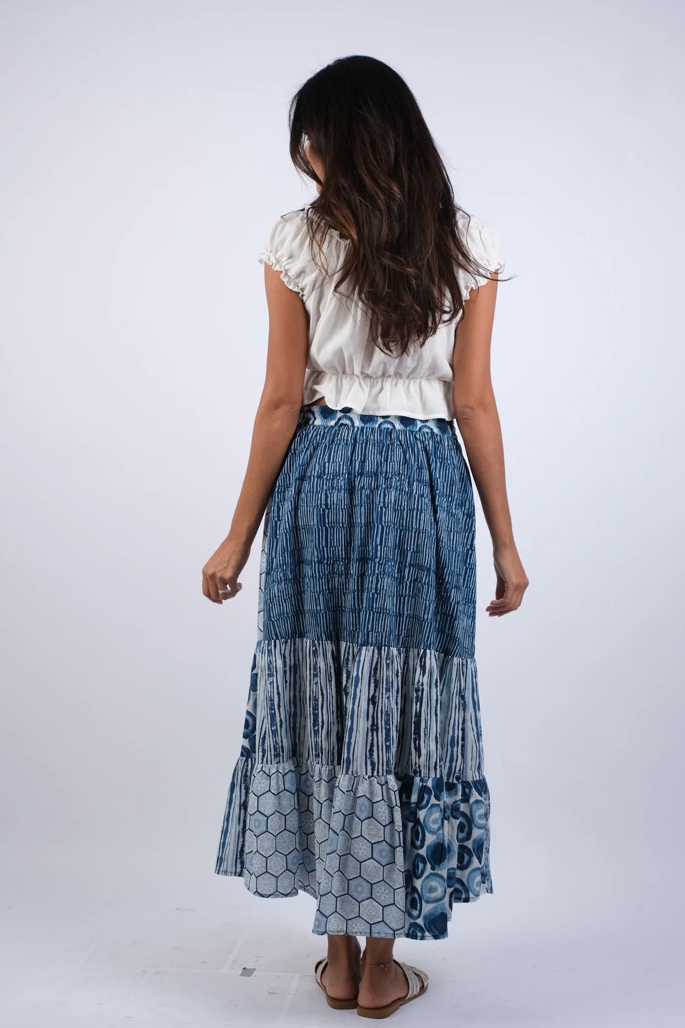 225269 Boho Saphire Ocean Patchwork Button Skirt