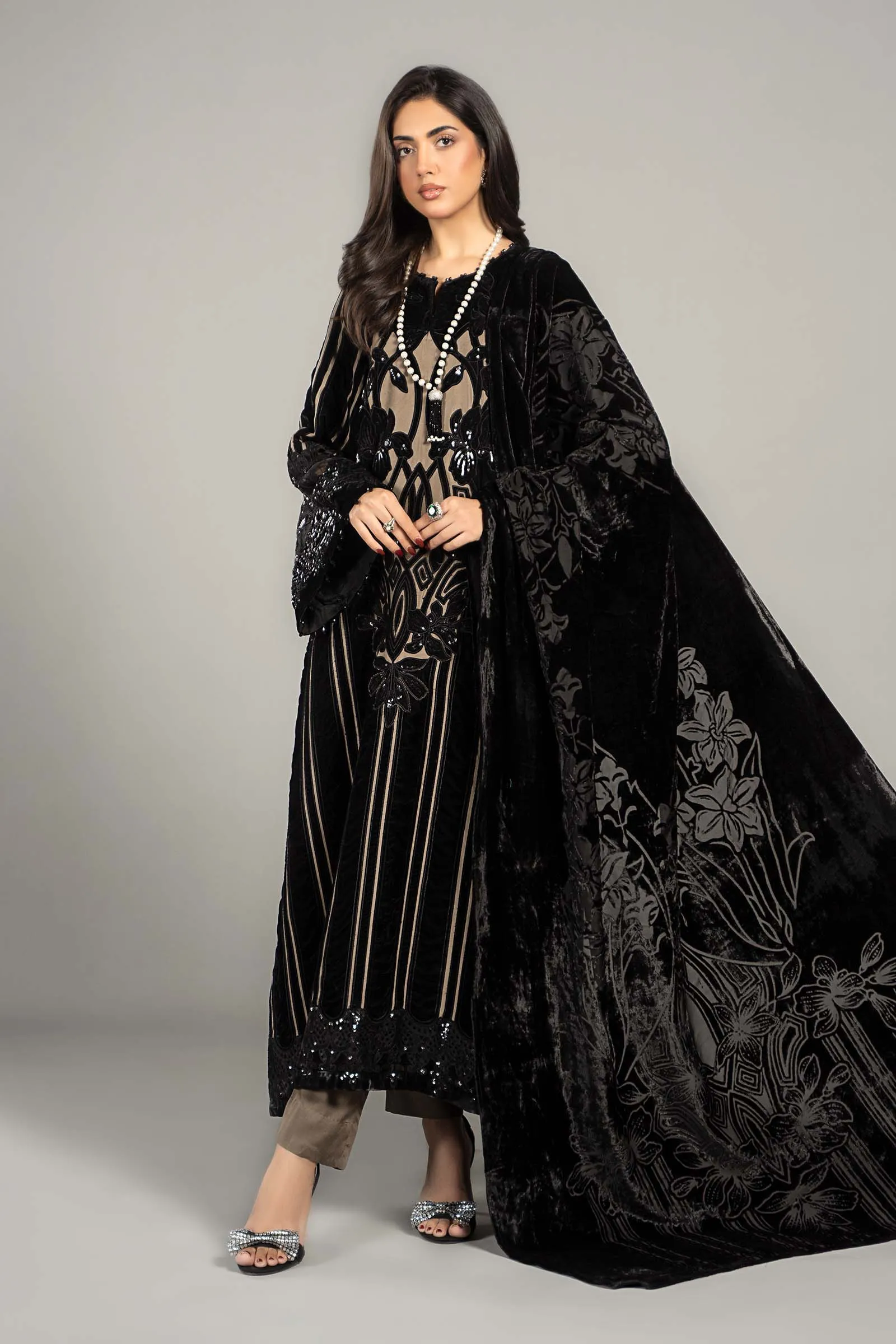 3 Piece Embroidered Velvet Suit | DLS-1205