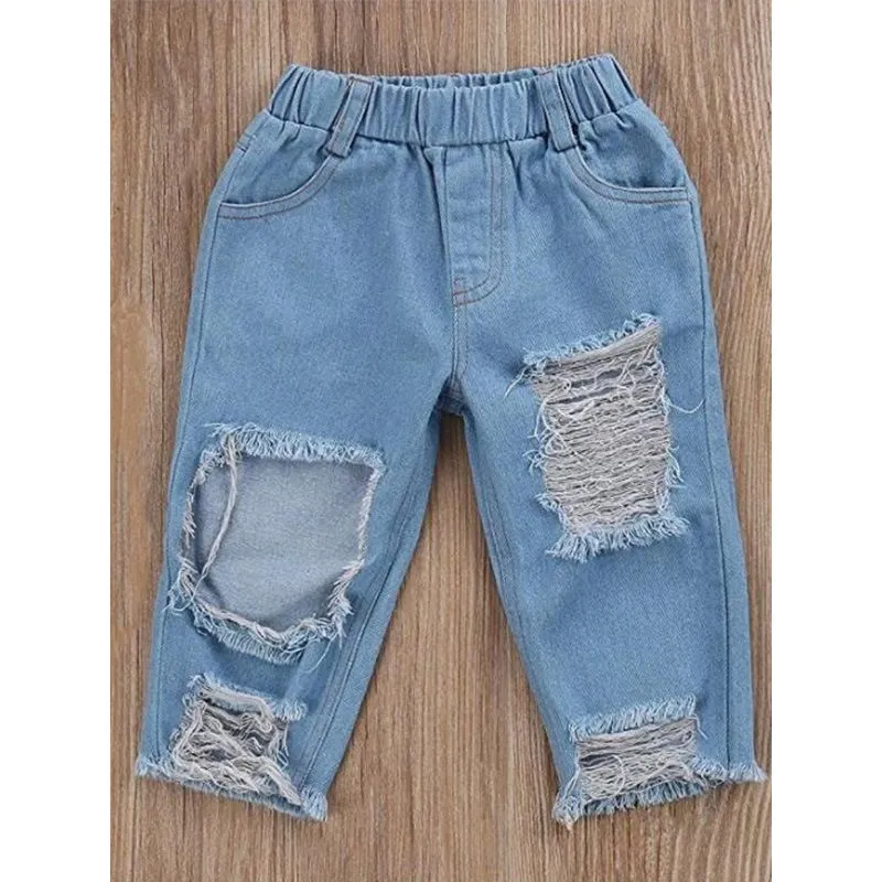 3-Piece Summer Fashion Little Girls White Off Shoulder Top Ripped Blue Jeans Headband Set