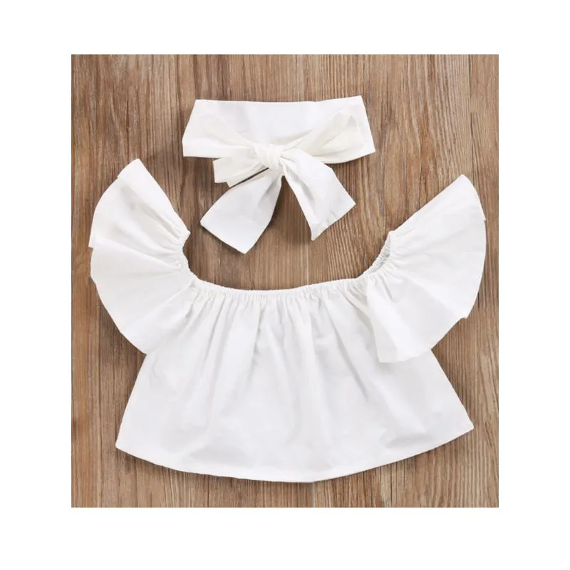 3-Piece Summer Fashion Little Girls White Off Shoulder Top Ripped Blue Jeans Headband Set
