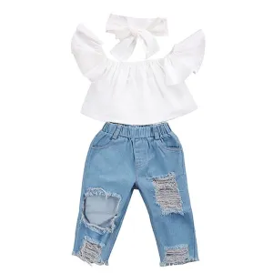3-Piece Summer Fashion Little Girls White Off Shoulder Top Ripped Blue Jeans Headband Set