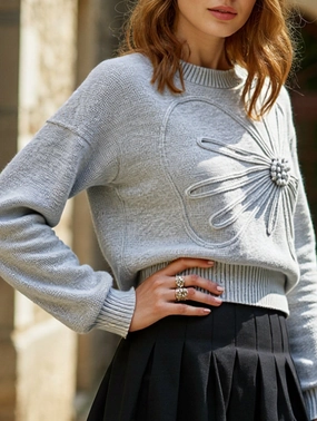 Cozy Sweatshirt Weighted Hem Trim 3D floral round neck pullover for women