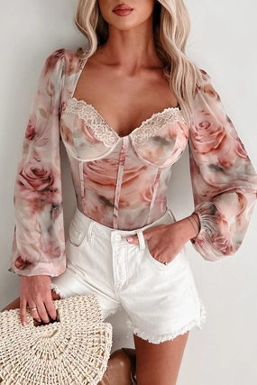 Ventilated Back Panels Casual Button-Down Golden Hour Glow Mesh Sweetheart Floral Bodysuit (Cream)