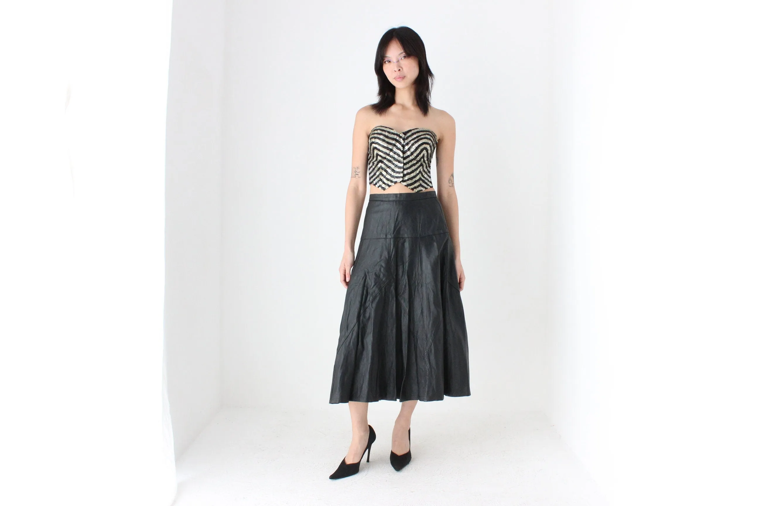 80s Black LEATHER High Waist Full Midi Skirt