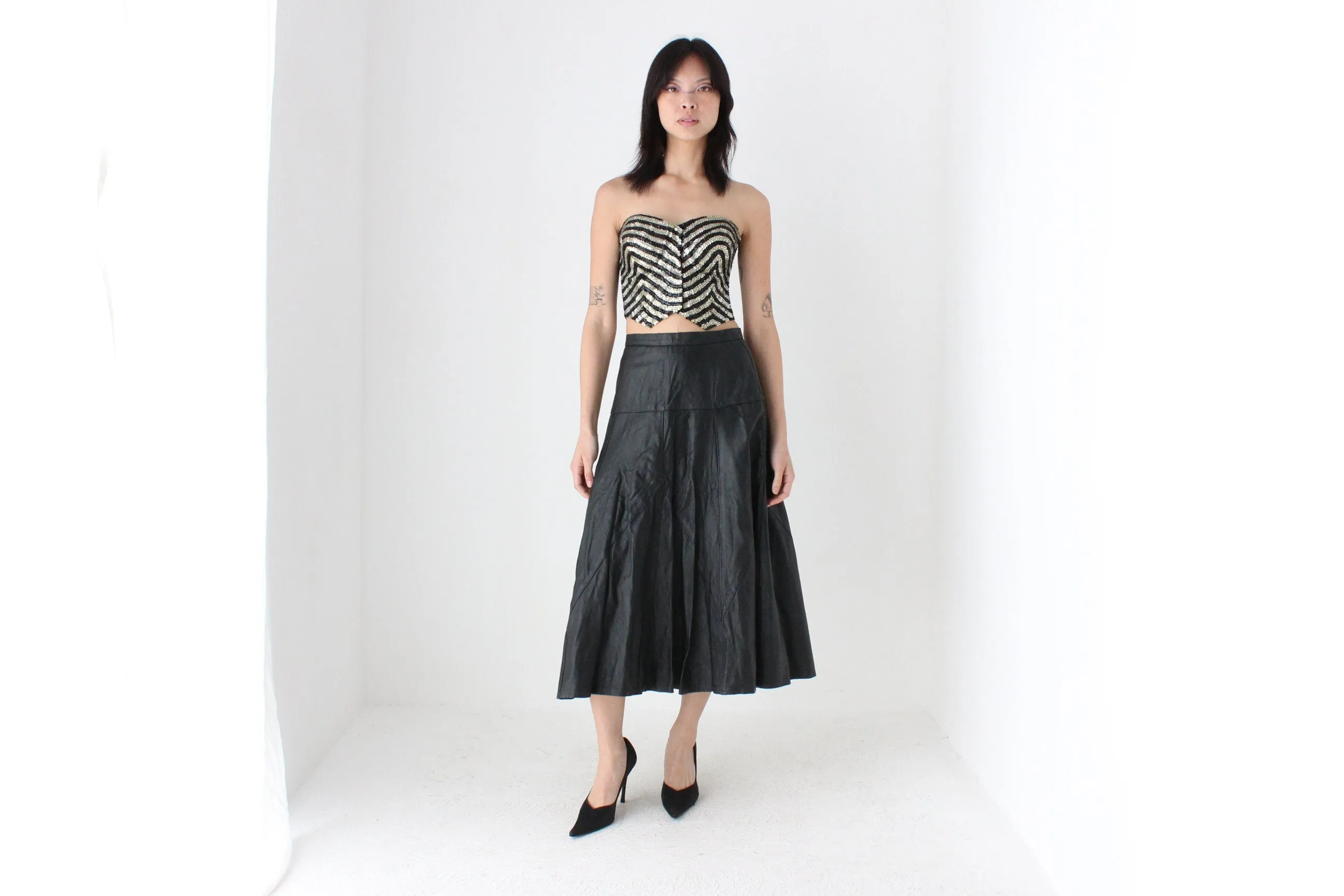 80s Black LEATHER High Waist Full Midi Skirt