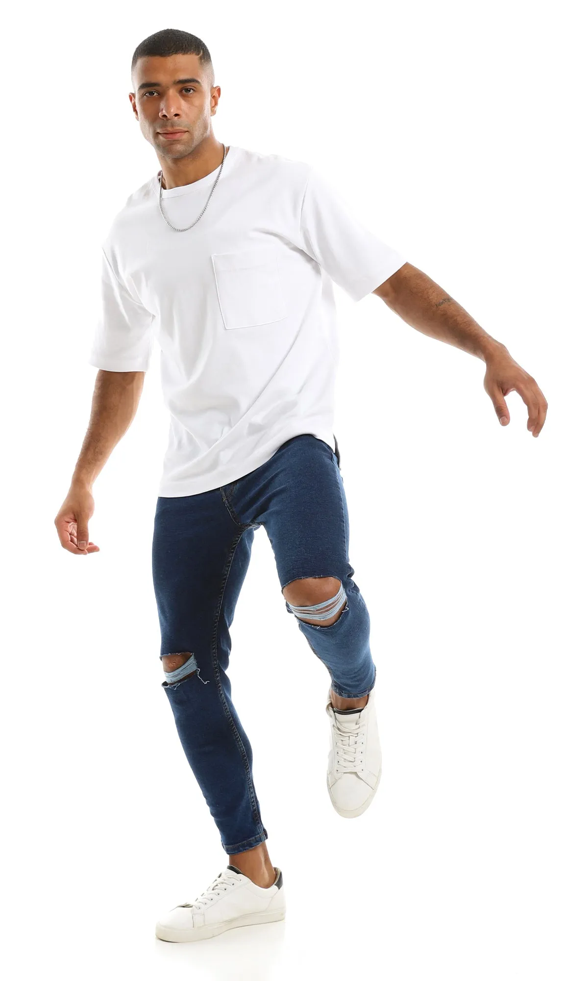 98035 Ripped Knee Jeans With Buttons Closure - Deep Indigo