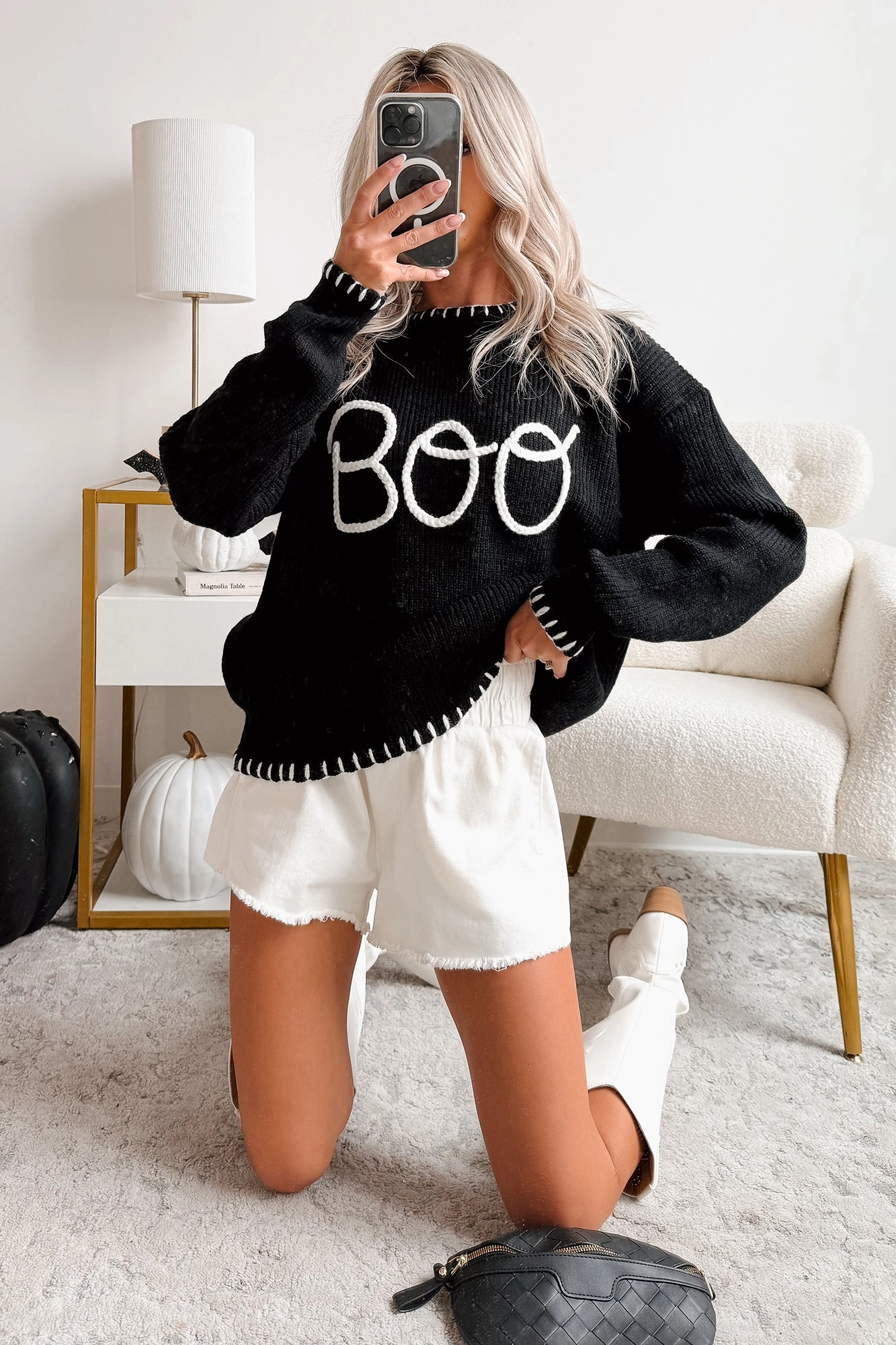 "BOO" Braided Text Halloween Sweater (Black) Erasable Surface Coating