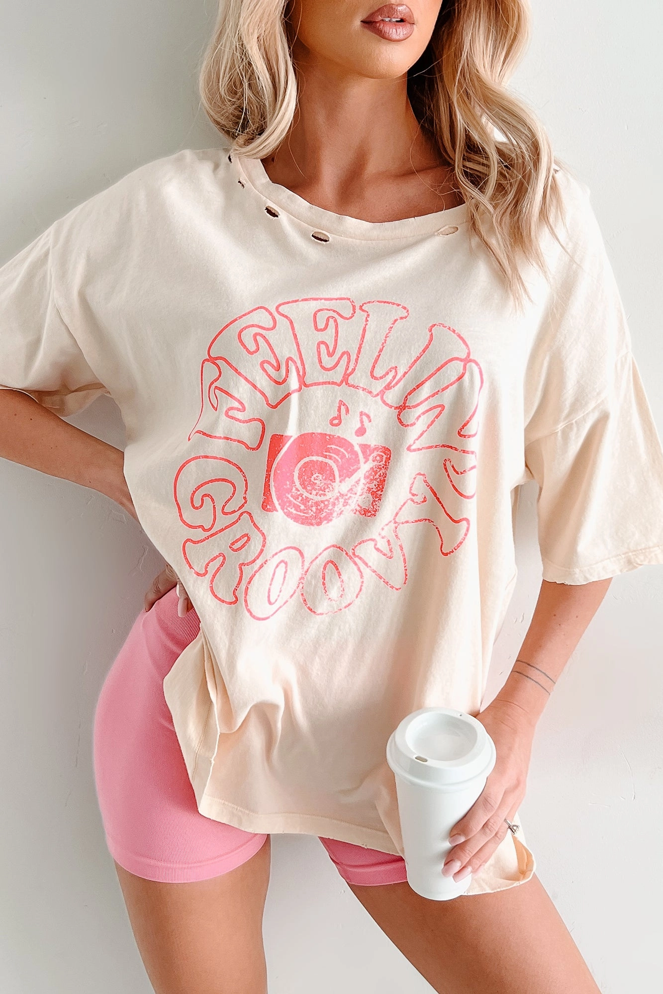 "Feelin' Groovy" Distressed Graphic T-Shirt (Vanilla) ReinforcedHems