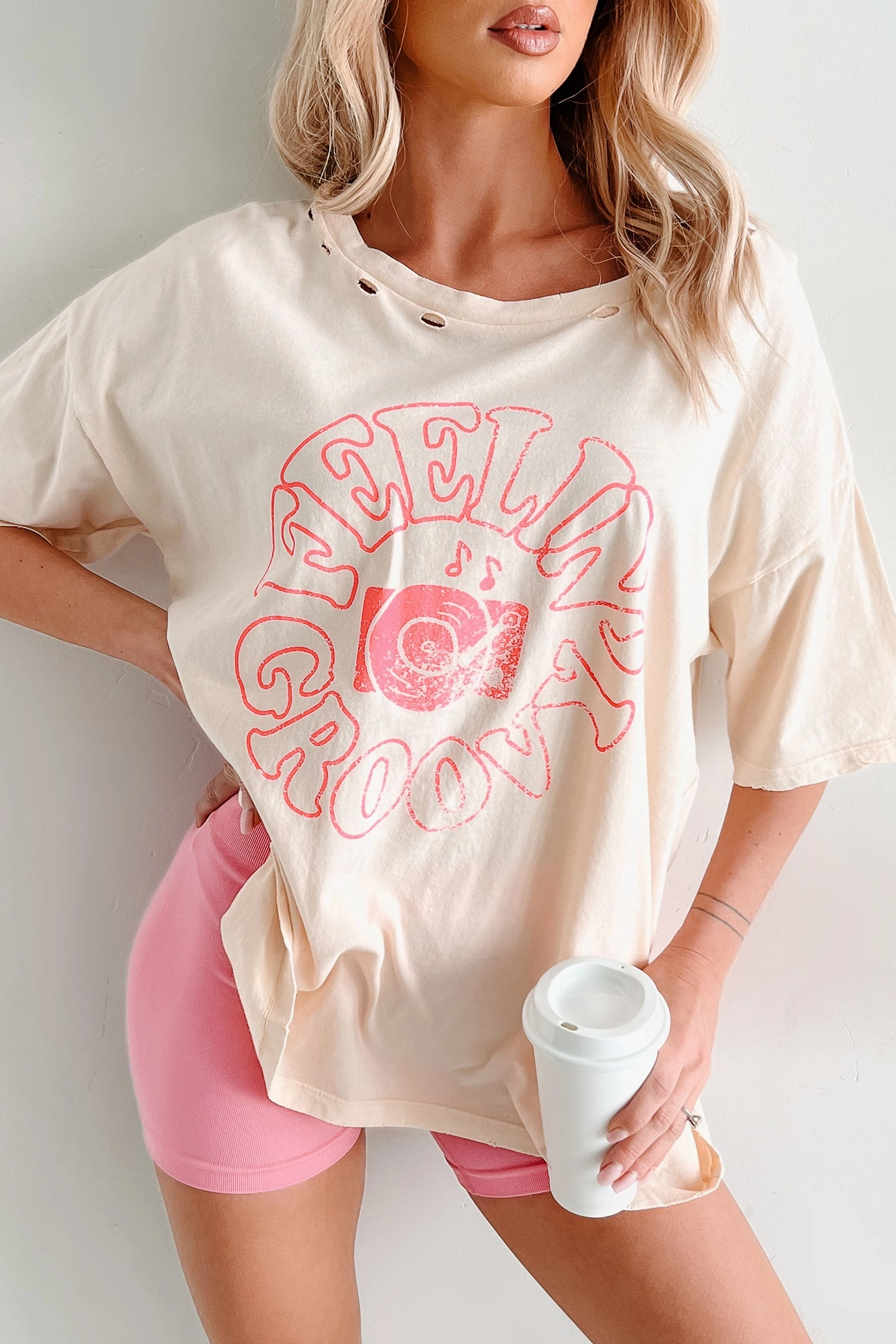 Multi Directional Mobility "Feelin' Groovy" Distressed Graphic T-Shirt (Vanilla)