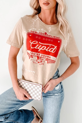 slim fit "Go Home Cupid You're Drunk" Graphic T-Shirt (Tan Bleached)