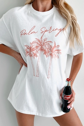 Stretch Material Hidden Zipper "Palm Springs" Graphic T-Shirt (White)