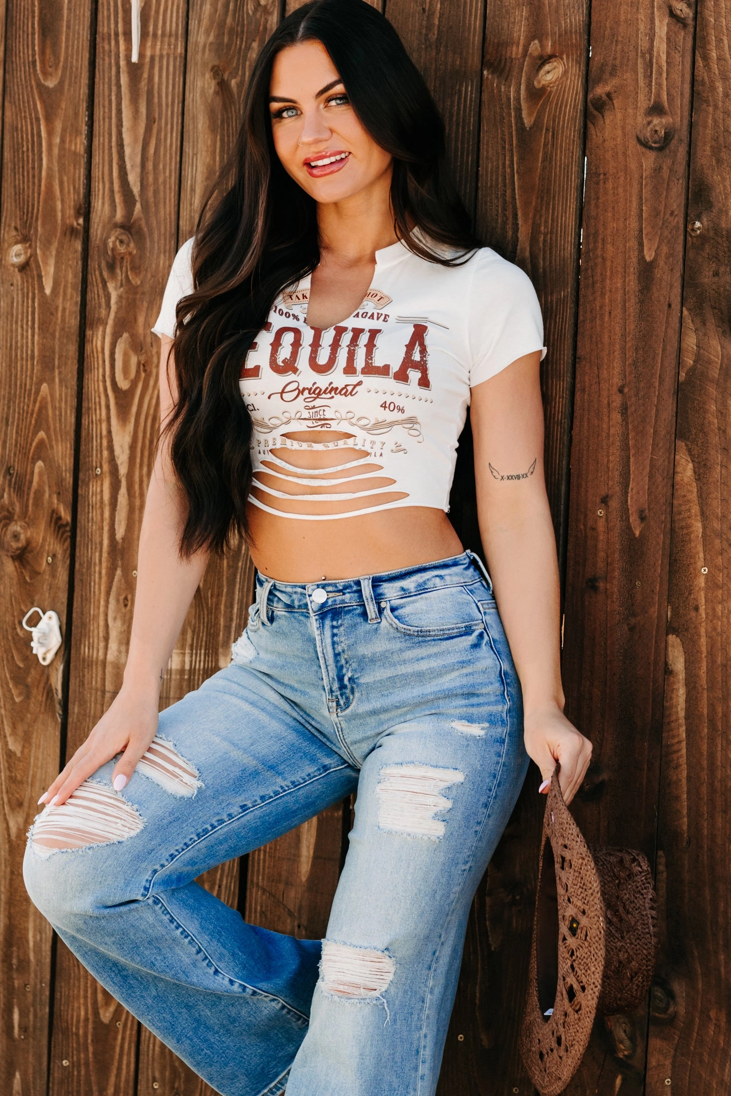 "Tequila Original" Distressed Graphic Crop Tee (Ivory) Stretch Fit Resilient Fabric Blend