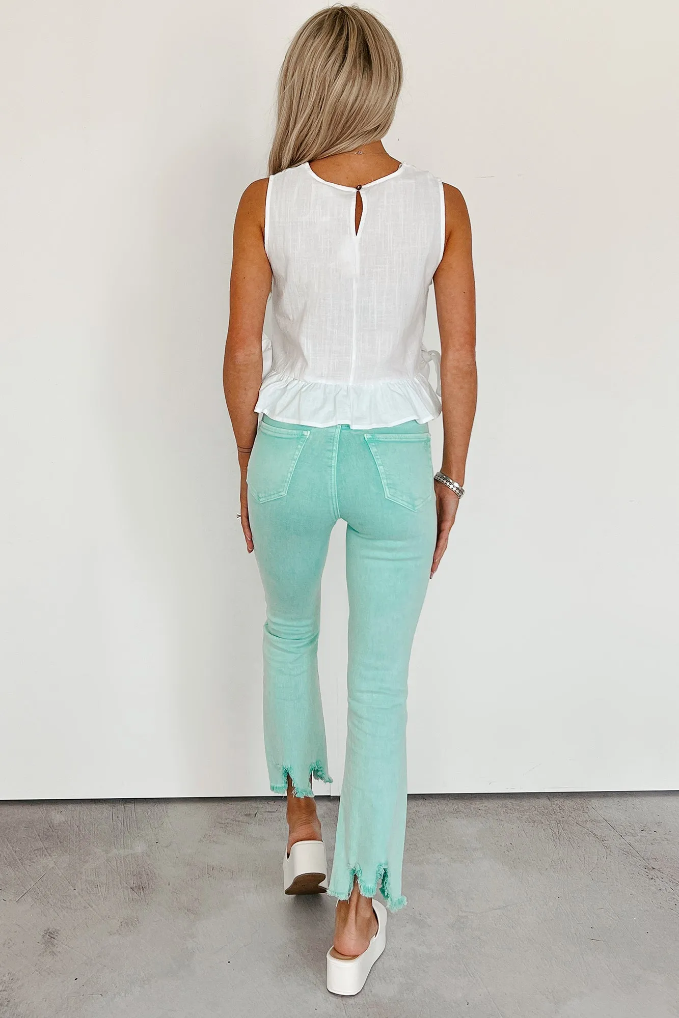 Softened Edges A Cup Of Quiet Sleeveless Ruffle Tie Top (White)