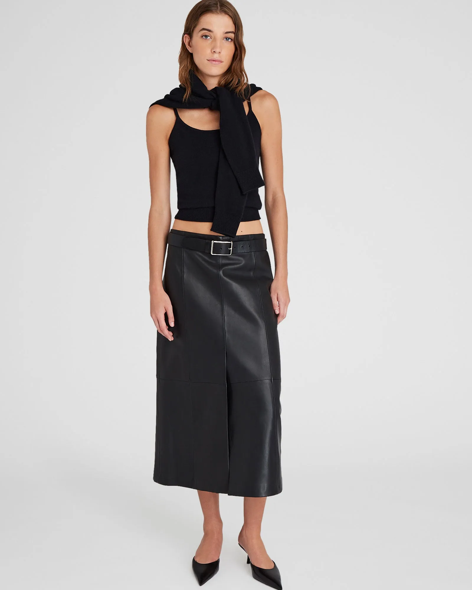 A-Line Leather Midi Skirt
